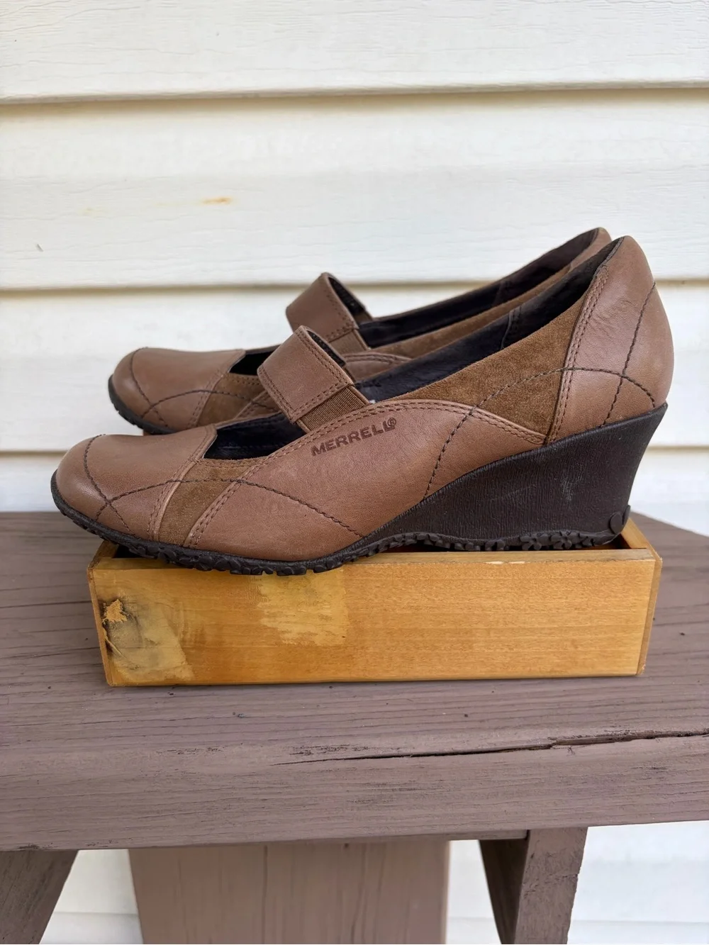 Merrell Orchid Tan Leather Suede Mary Jane Wedge Shoes Vibram Women’s 6